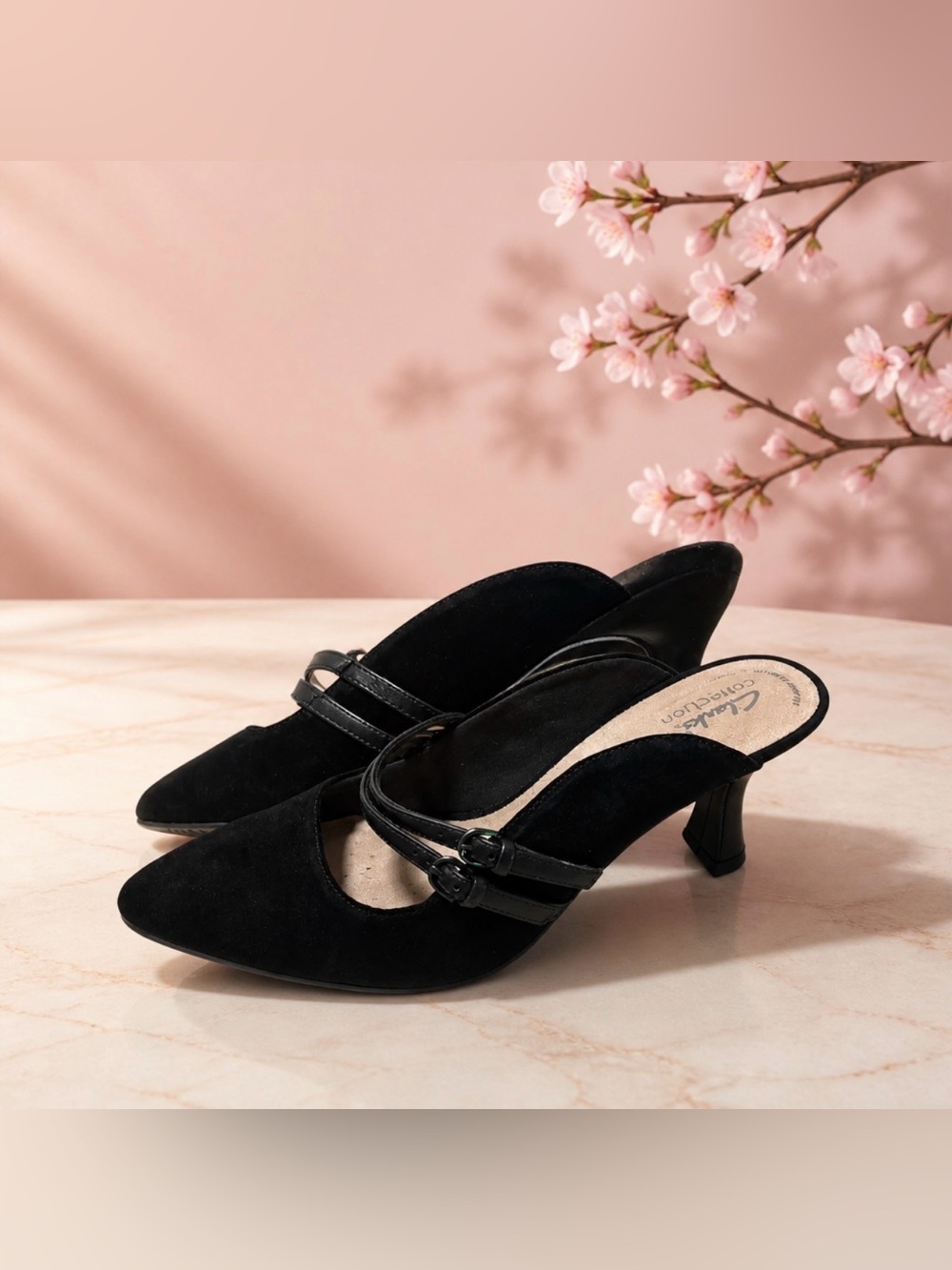 Clarks Black Suede Pointed-Toe Mule Heels with Double Straps